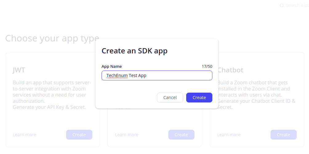 zoom android sdk app create page