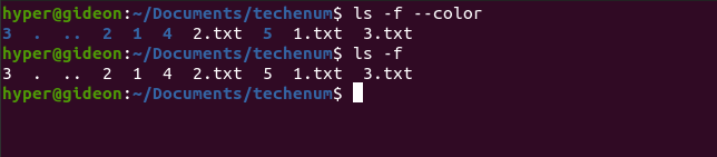 ls -f --color command output