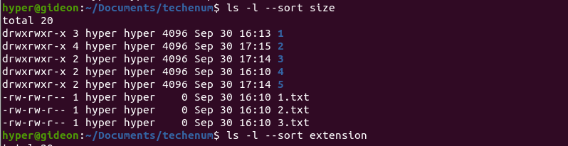 ls -sort command output