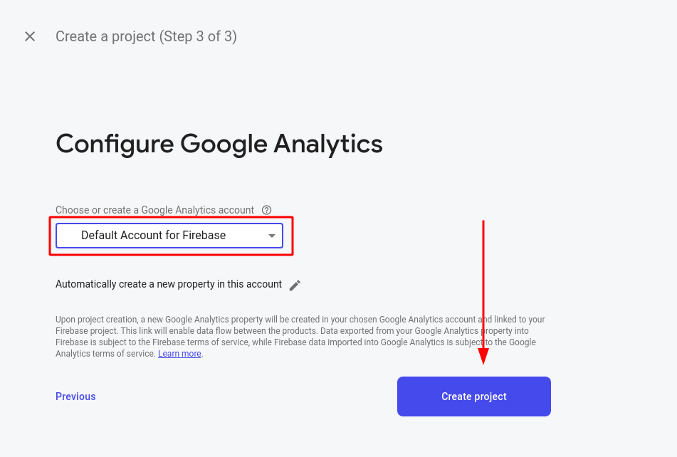 select analytics account for firebase